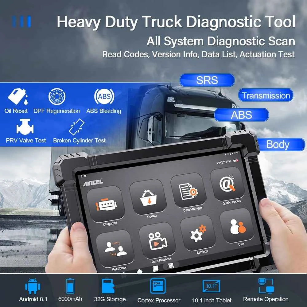 ANCEL X7 HD Truck Scanner - Heavy Duty 24V Diagnostic Tool for Full System EPB, ABS, Oil Reset, SAS, D.PF Regen, TPMS, ECU, and OBD2