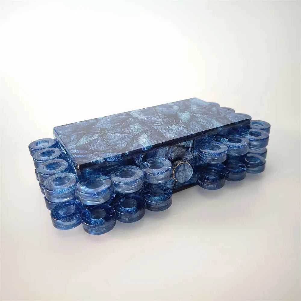 Bridal Clutch Purse Deep Dark Blue Fabric Acrylic Box Handbag for Summer Beach Wedding Party
