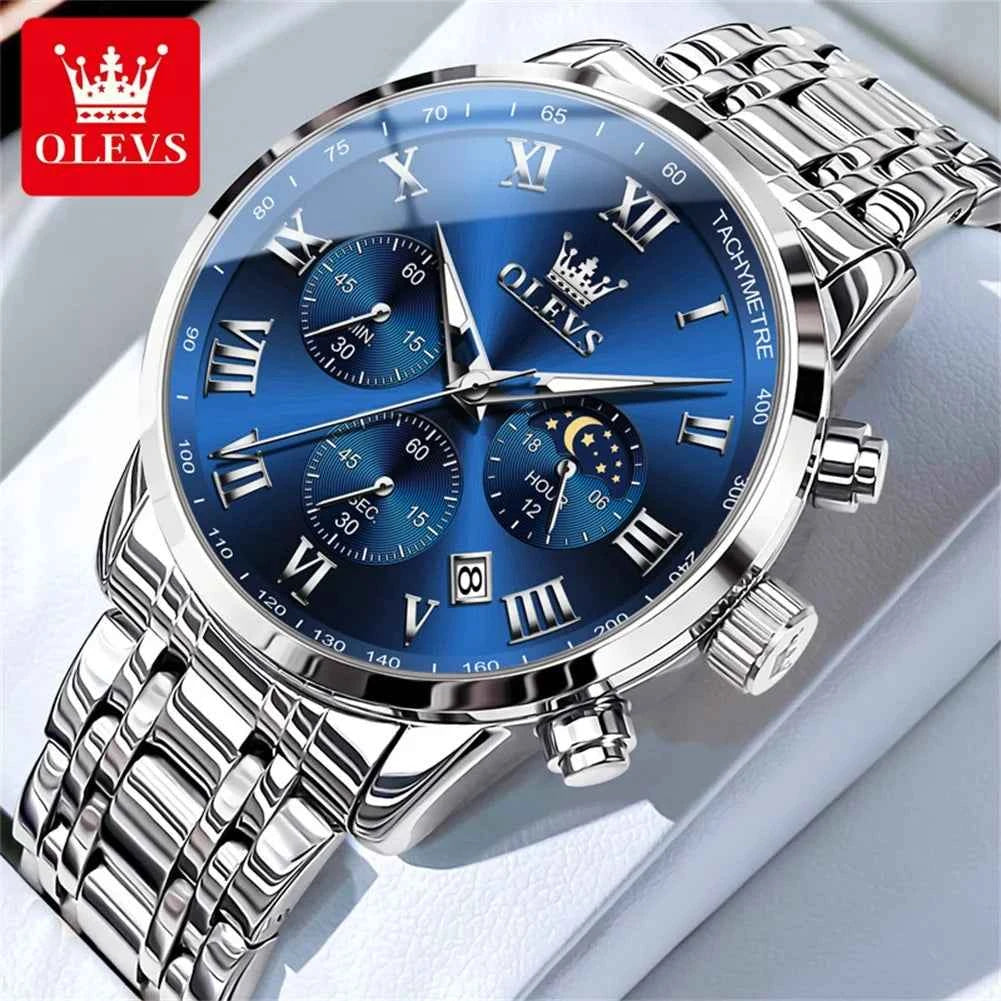 OLEVS Luxury Quartz Watch for Men - Roman Scale Moon Phase Chronograph, Waterproof Luminous Calendar Wrist Watch