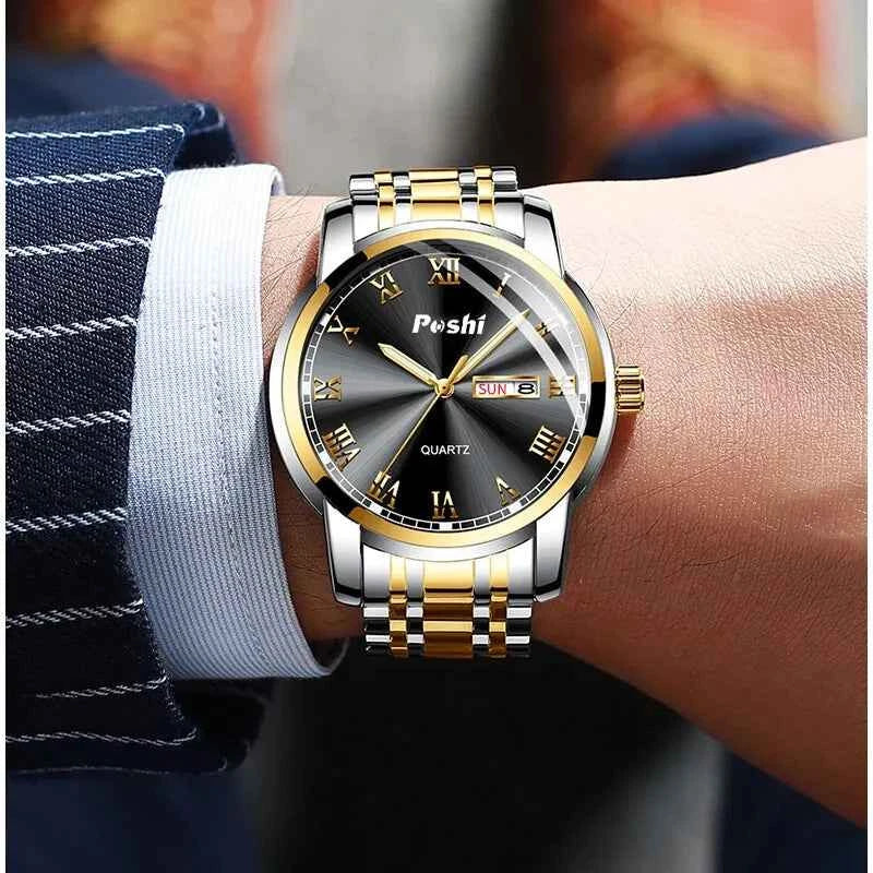 POSHI Stainless Steel Wrist Watch for Men - Luxury Week Date Display Luminous Bracelet Fashion Clock