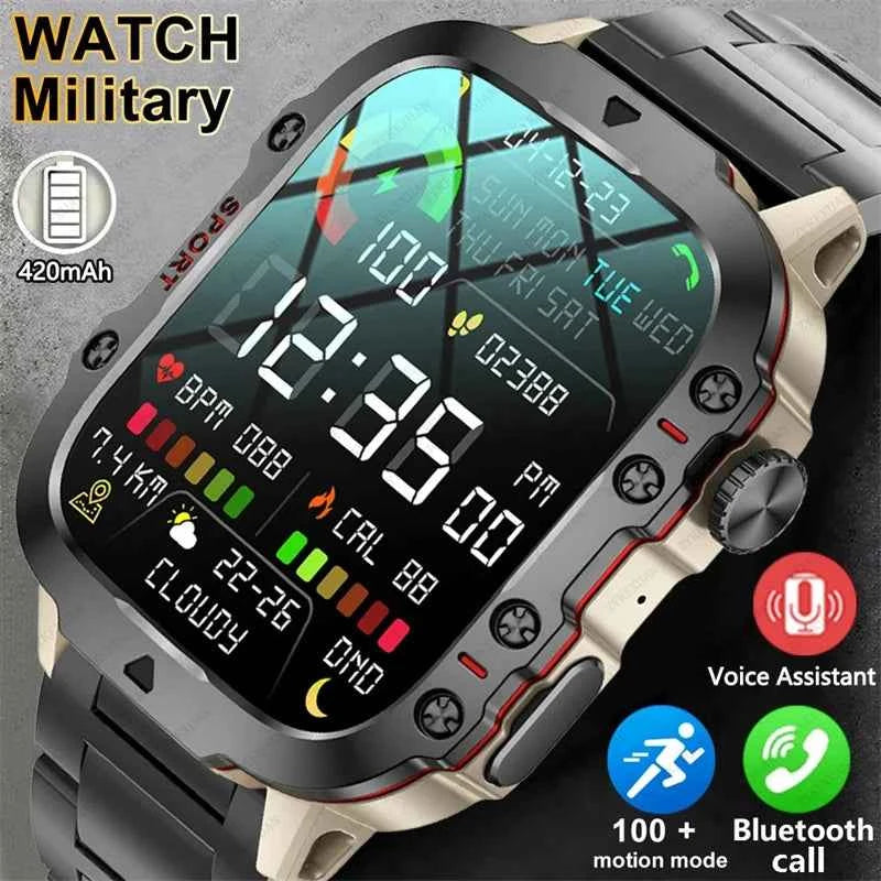 Rugged Military Smartwatch for Men - Waterproof Bluetooth Call Fitness Tracker for Android and iOS
