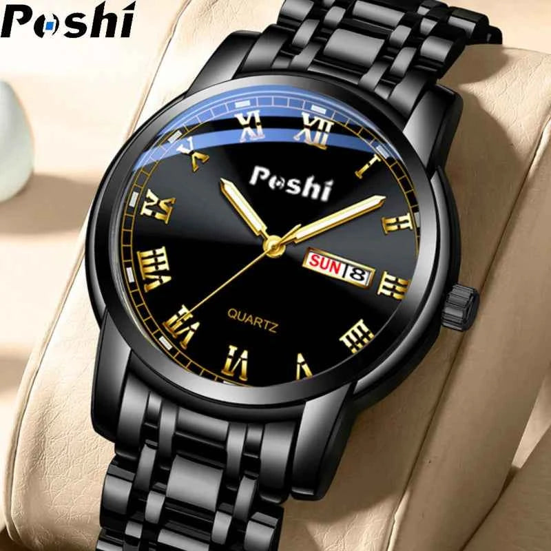 POSHI Stainless Steel Wrist Watch for Men - Luxury Week Date Display Luminous Bracelet Fashion Clock