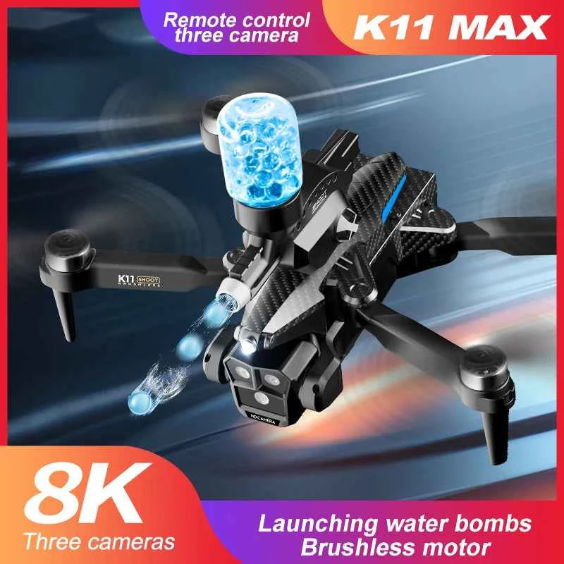 Drone K11 Max 8K Quadcopter with Brushless Motor, Water Bombs, Three Cameras, Obstacle Avoidance, and Foldable Design