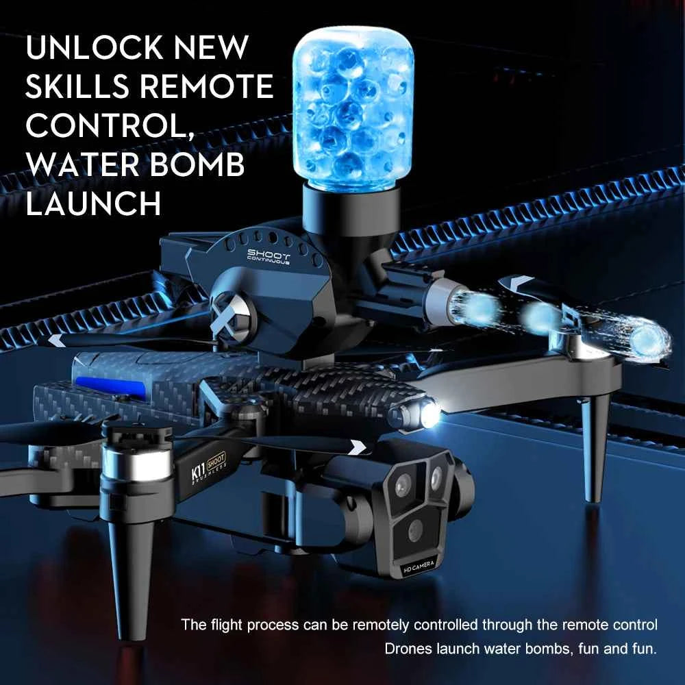 Drone K11 Max 8K Quadcopter with Brushless Motor, Water Bombs, Three Cameras, Obstacle Avoidance, and Foldable Design