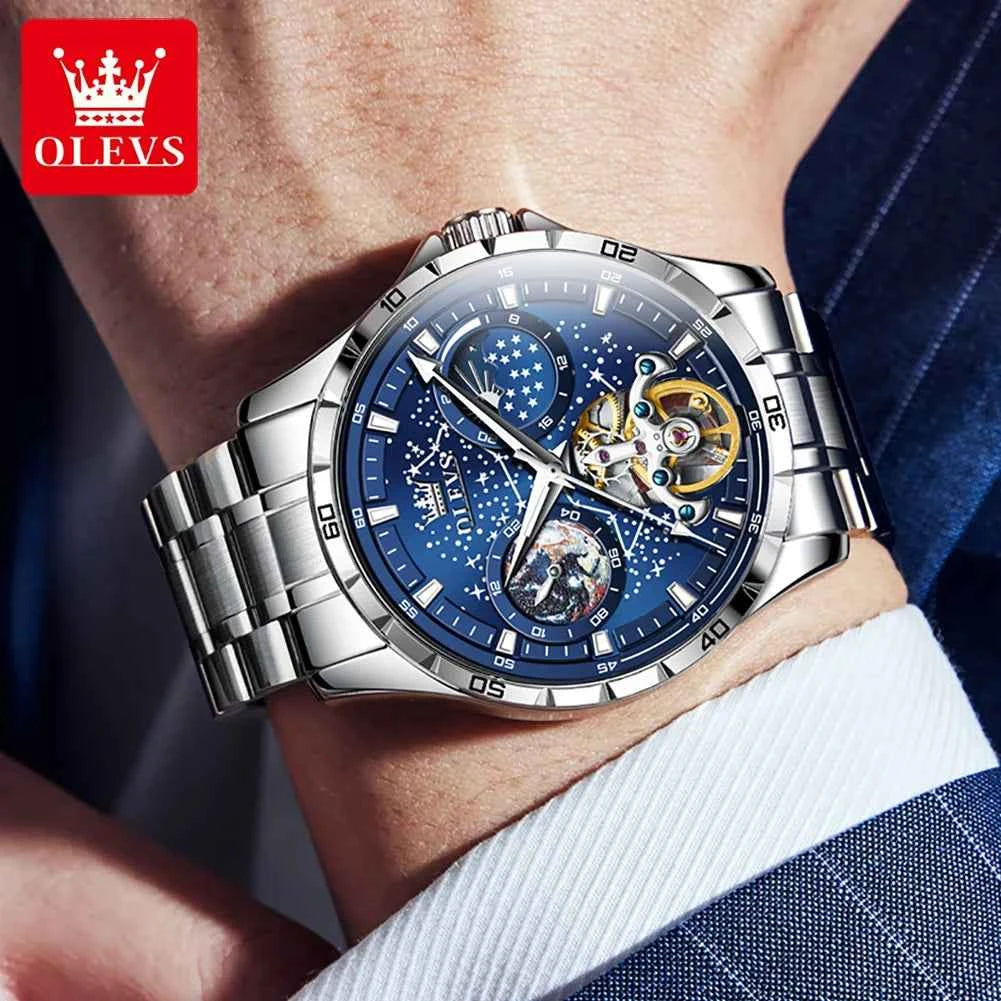 OLEVS Men's Waterproof Mechanical Watch with Multifunctional Luminous Features and Moon Phase Display