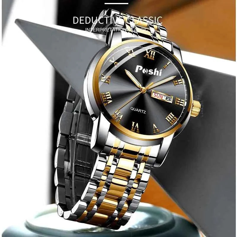 POSHI Stainless Steel Wrist Watch for Men - Luxury Week Date Display Luminous Bracelet Fashion Clock