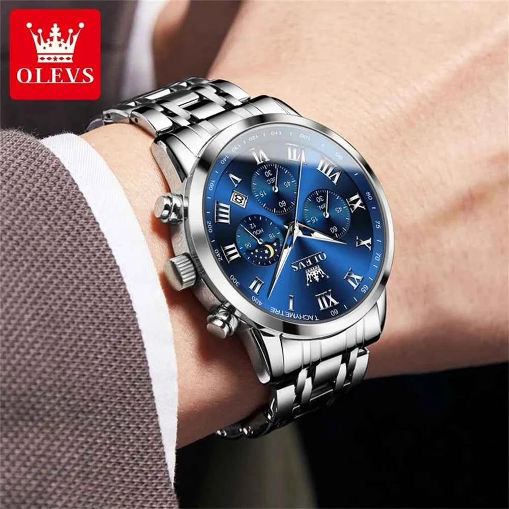 OLEVS Luxury Quartz Watch for Men - Roman Scale Moon Phase Chronograph, Waterproof Luminous Calendar Wrist Watch