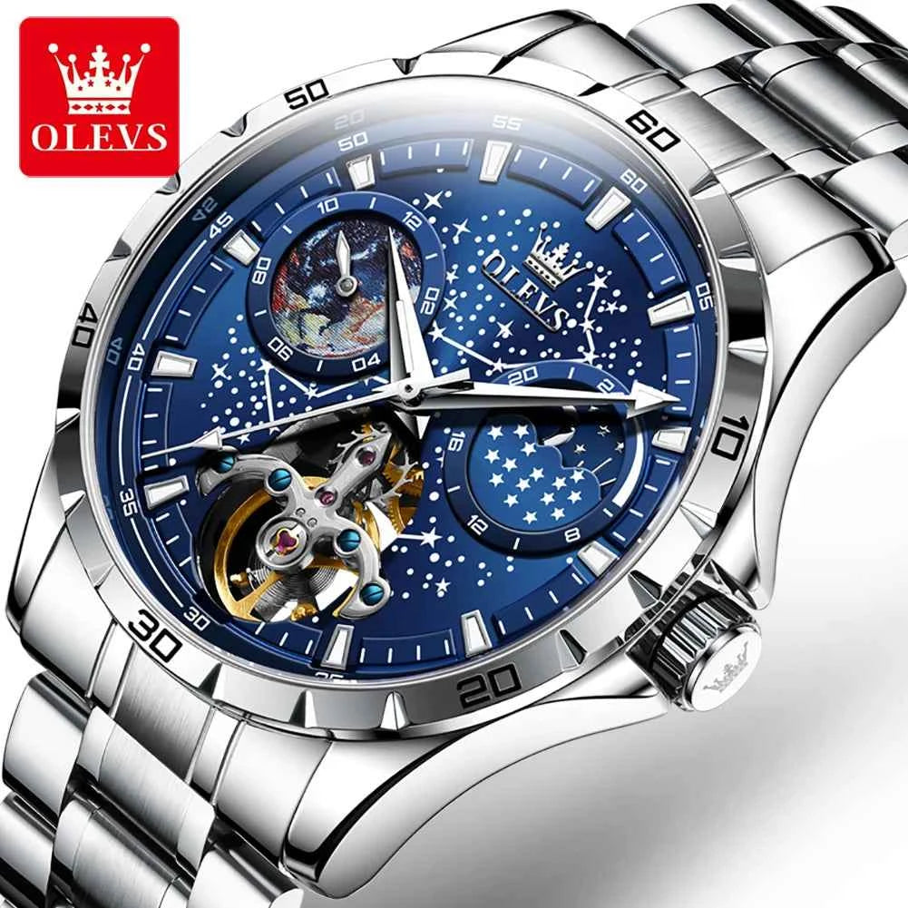 OLEVS Men's Waterproof Mechanical Watch with Multifunctional Luminous Features and Moon Phase Display