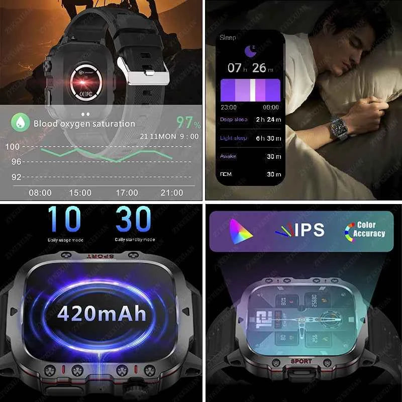 Rugged Military Smartwatch for Men - Waterproof Bluetooth Call Fitness Tracker for Android and iOS
