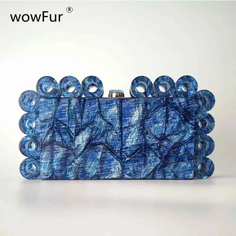 Bridal Clutch Purse Deep Dark Blue Fabric Acrylic Box Handbag for Summer Beach Wedding Party