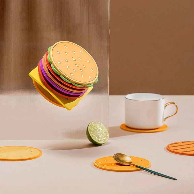 8pcs Burger Shape Coasters Silicone Insulation Cup Pad Mat for Kitchen Dining Bar Table Decorations