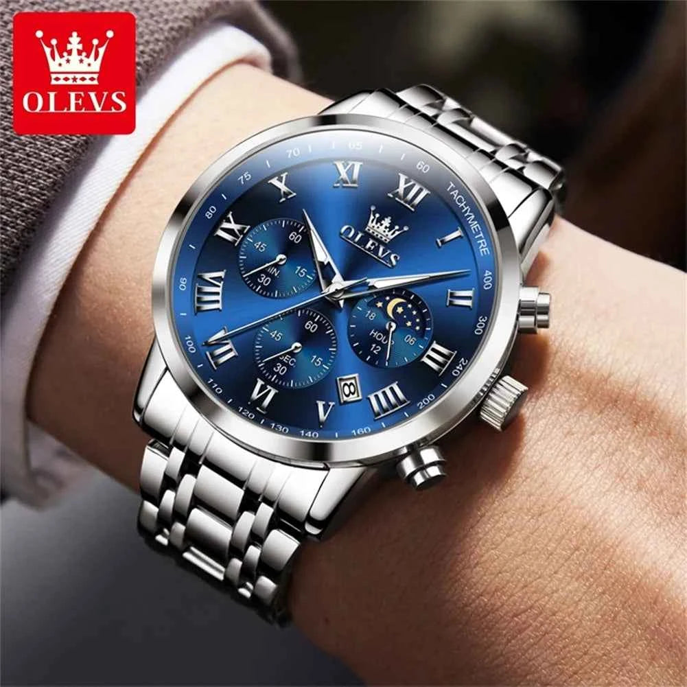 OLEVS Luxury Quartz Watch for Men - Roman Scale Moon Phase Chronograph, Waterproof Luminous Calendar Wrist Watch