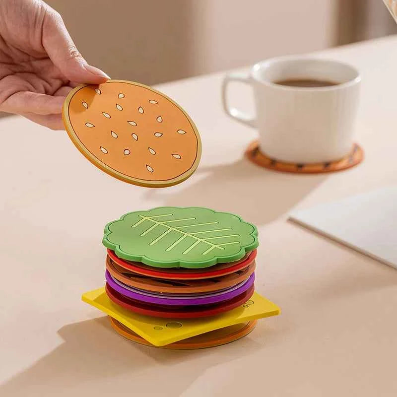 8pcs Burger Shape Coasters Silicone Insulation Cup Pad Mat for Kitchen Dining Bar Table Decorations