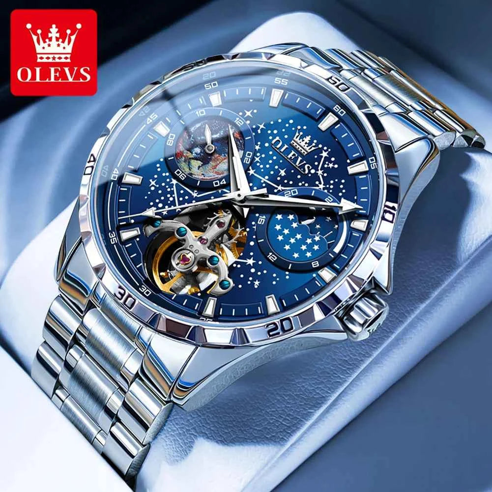 OLEVS Men's Waterproof Mechanical Watch with Multifunctional Luminous Features and Moon Phase Display