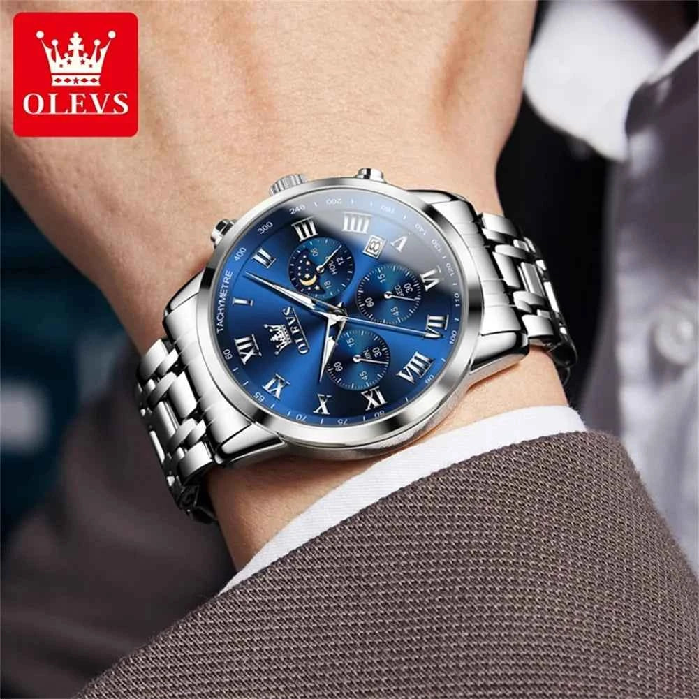 OLEVS Luxury Quartz Watch for Men - Roman Scale Moon Phase Chronograph, Waterproof Luminous Calendar Wrist Watch