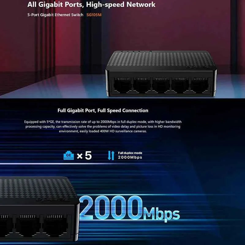 Tenda SG105M Gigabit Ethernet Switch - 5-Port High-Speed Network Hub with 1000Mbps Fast LAN, Full/Half Duplex, Plug and Play