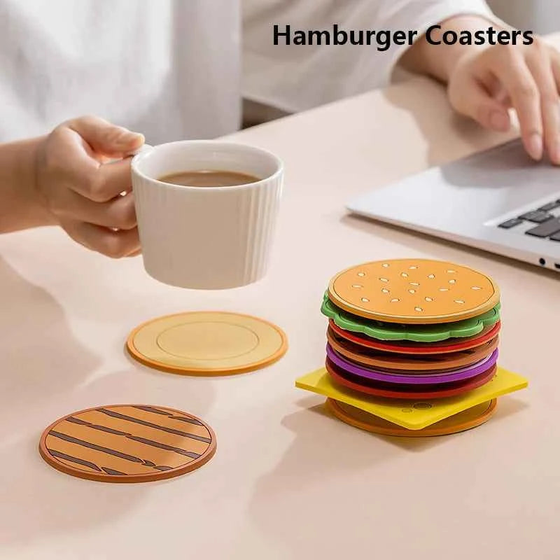 8pcs Burger Shape Coasters Silicone Insulation Cup Pad Mat for Kitchen Dining Bar Table Decorations