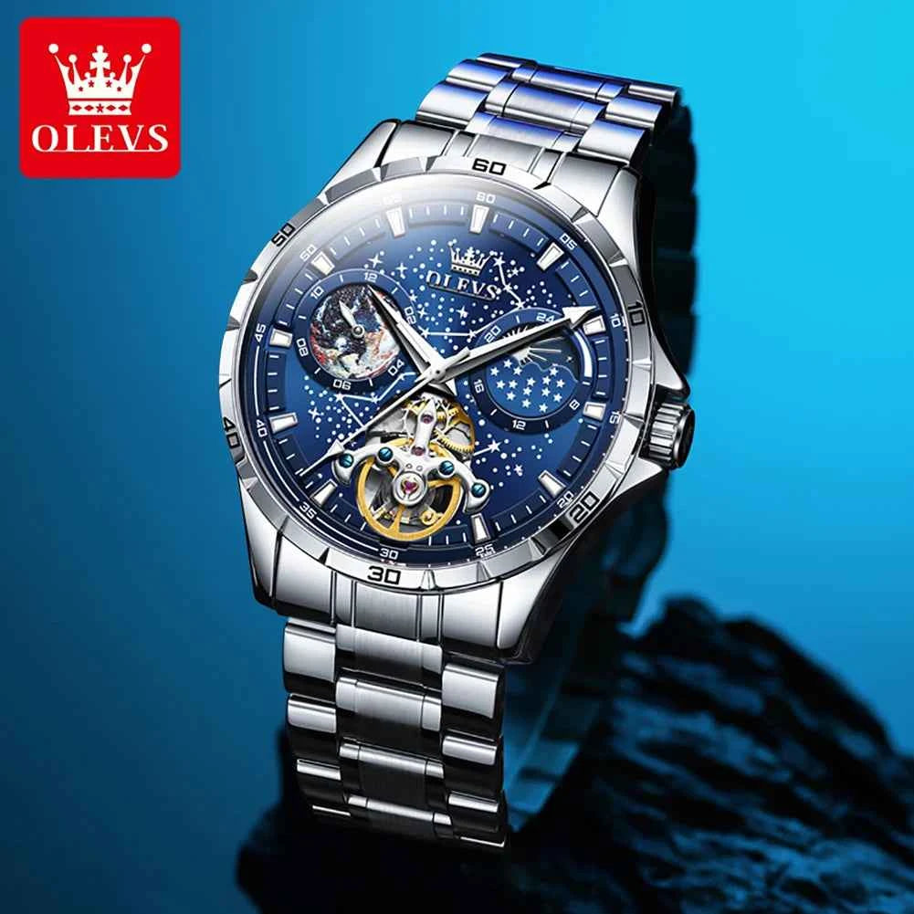 OLEVS Men's Waterproof Mechanical Watch with Multifunctional Luminous Features and Moon Phase Display