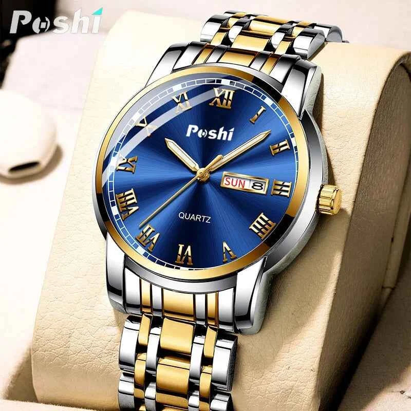 POSHI Stainless Steel Wrist Watch for Men - Luxury Week Date Display Luminous Bracelet Fashion Clock