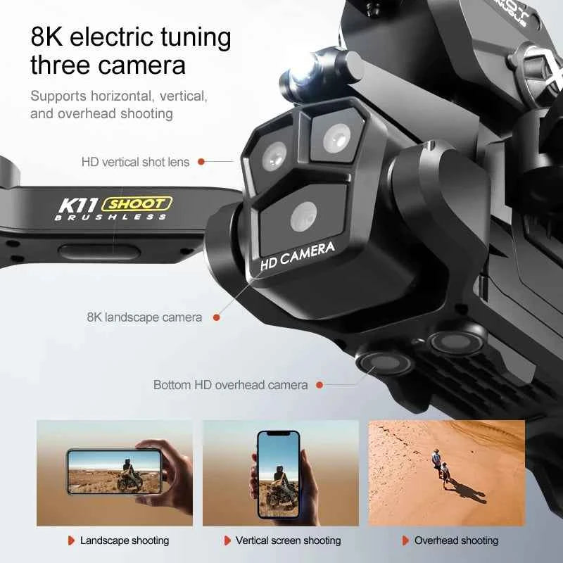 Drone K11 Max 8K Quadcopter with Brushless Motor, Water Bombs, Three Cameras, Obstacle Avoidance, and Foldable Design