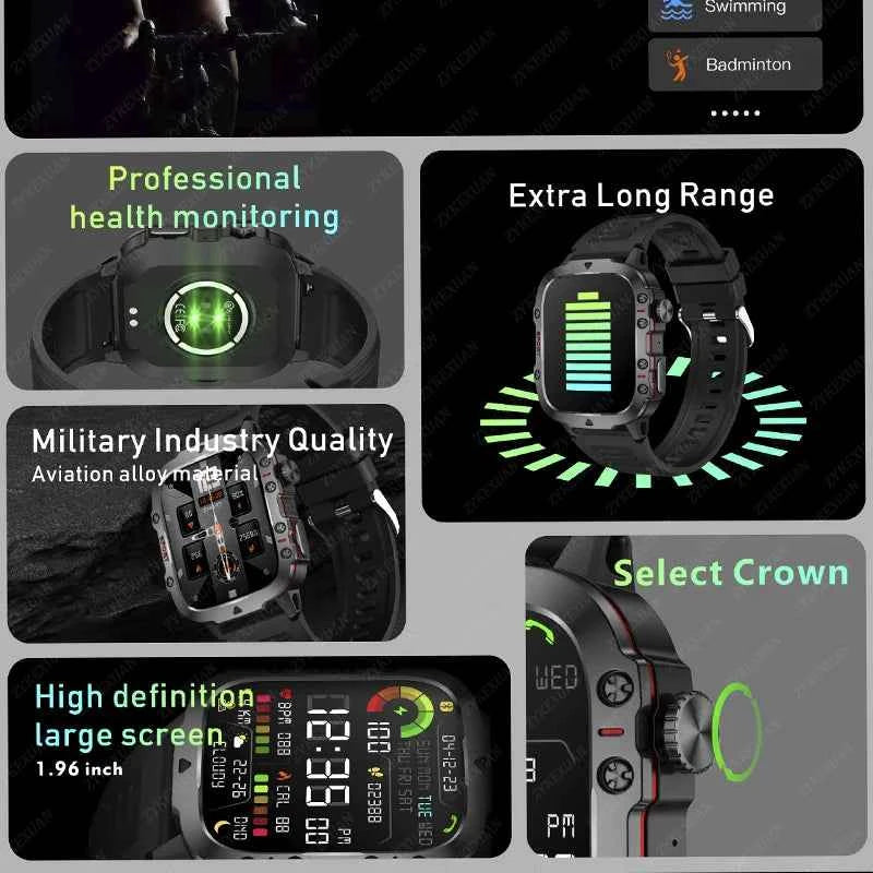 Rugged Military Smartwatch for Men - Waterproof Bluetooth Call Fitness Tracker for Android and iOS