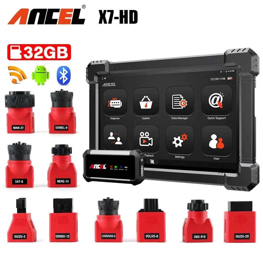 ANCEL X7 HD Truck Scanner - Heavy Duty 24V Diagnostic Tool for Full System EPB, ABS, Oil Reset, SAS, D.PF Regen, TPMS, ECU, and OBD2